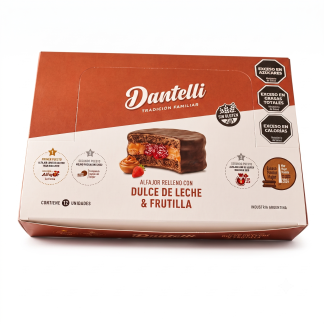 Caja Alfajor "Dantelli" de dulce de leche y dulce de frutilla 12u x 40gr